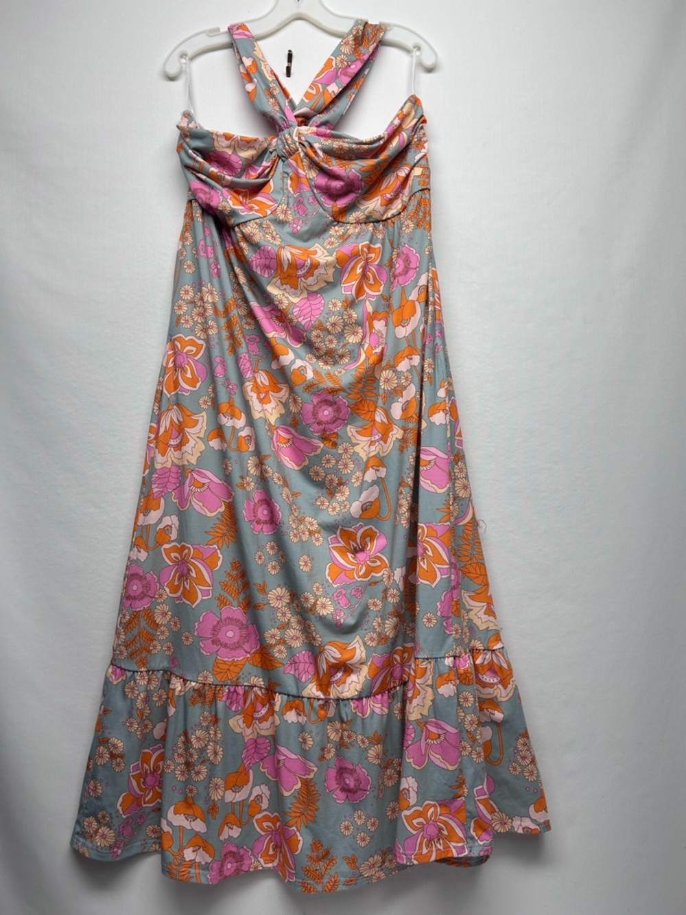 Grace Karin Floral Halter Dress in Light Gray with Pink & Orange Blooms